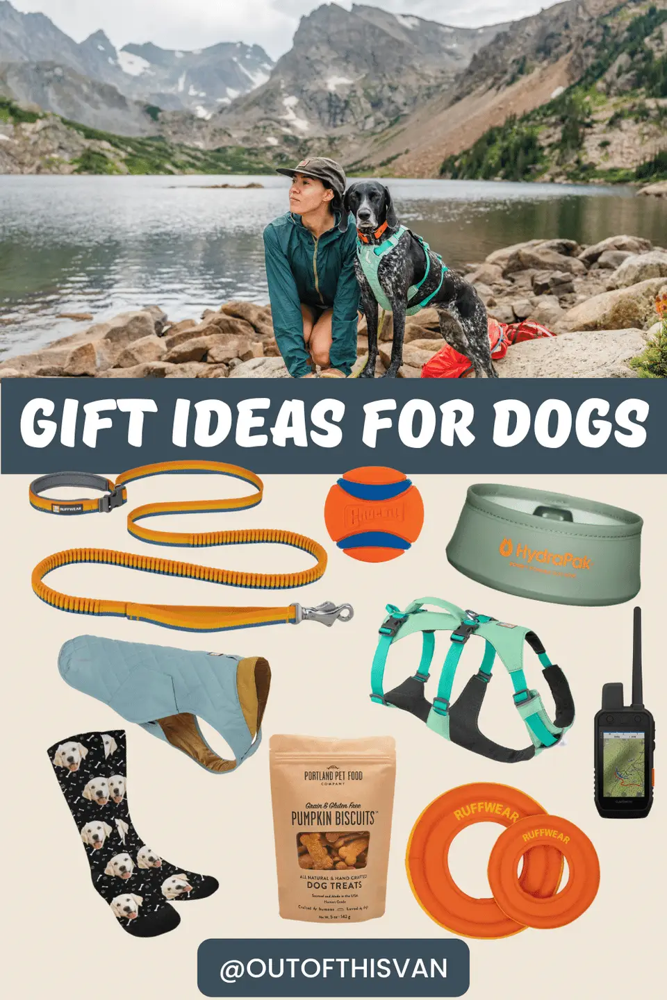 Melanny and Penelope at an alpine lake above a collage of dog gifts