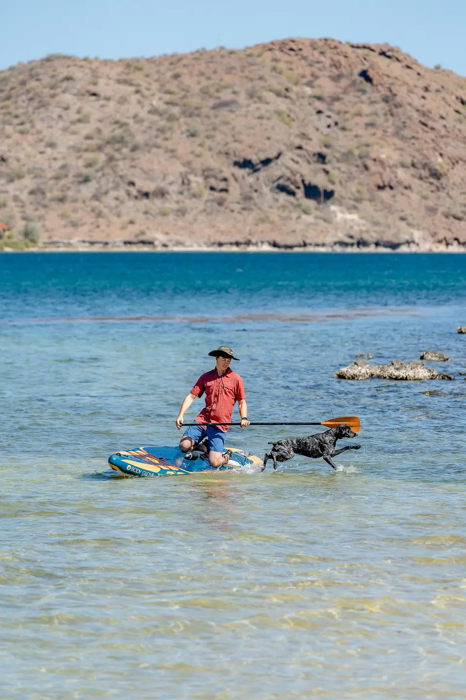 A paddleboarder in a red shirt on bright blue water in Bahía de Concepción, Baja California Sur