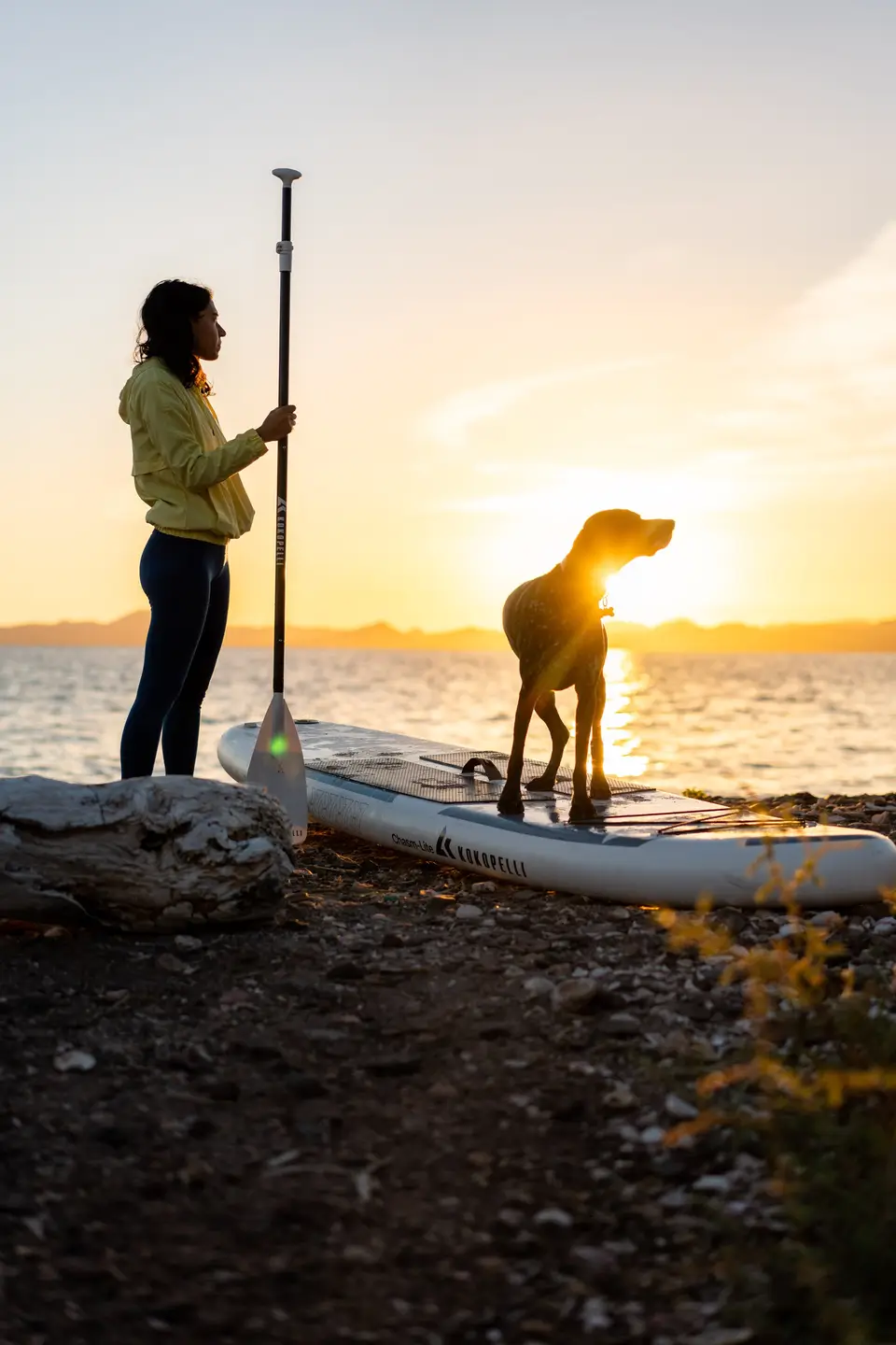 Melanny and Penelope on a paddleboard at sunset