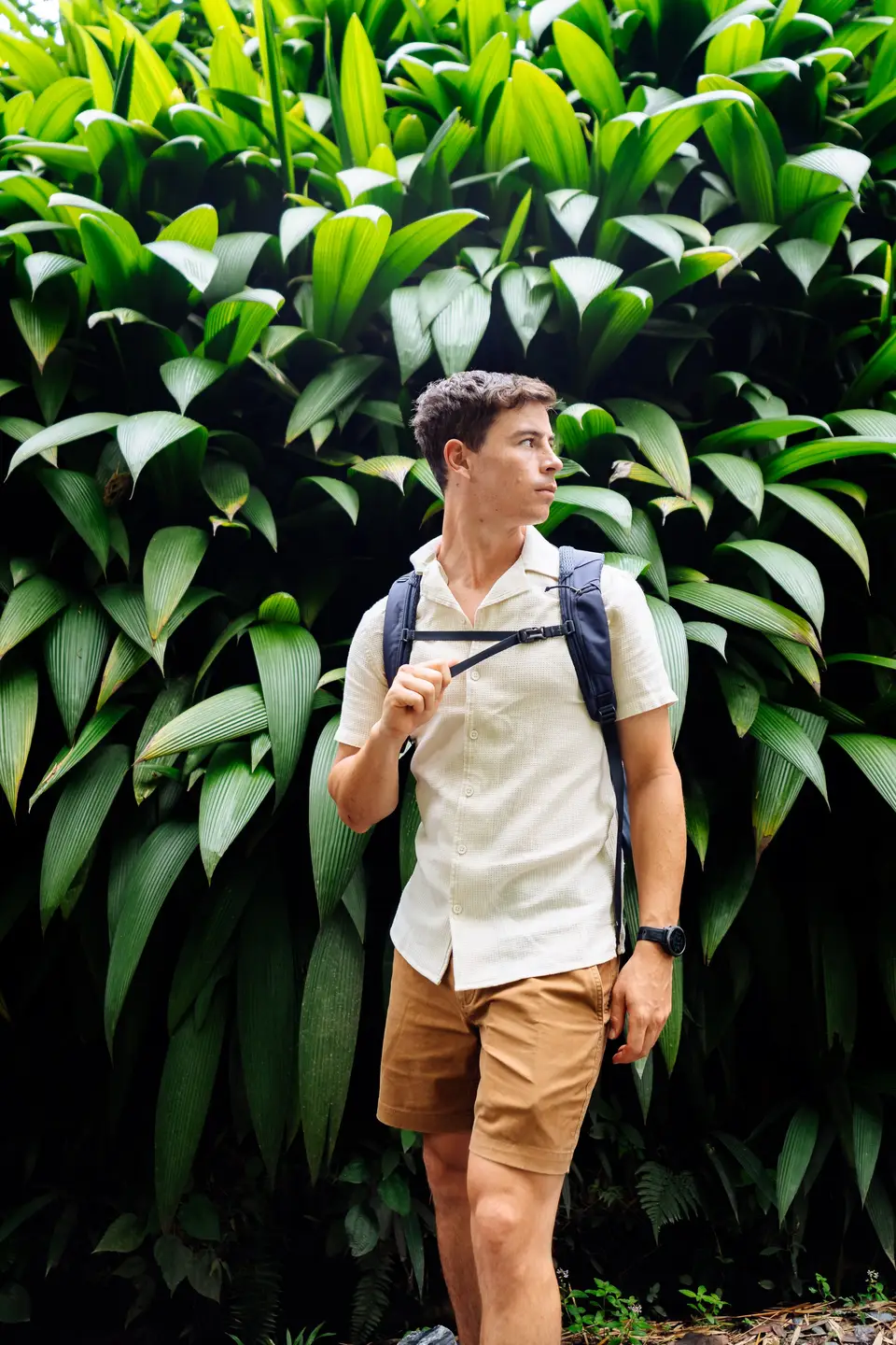 Evan standing in front of a wall of large tropical leaves in Colombia