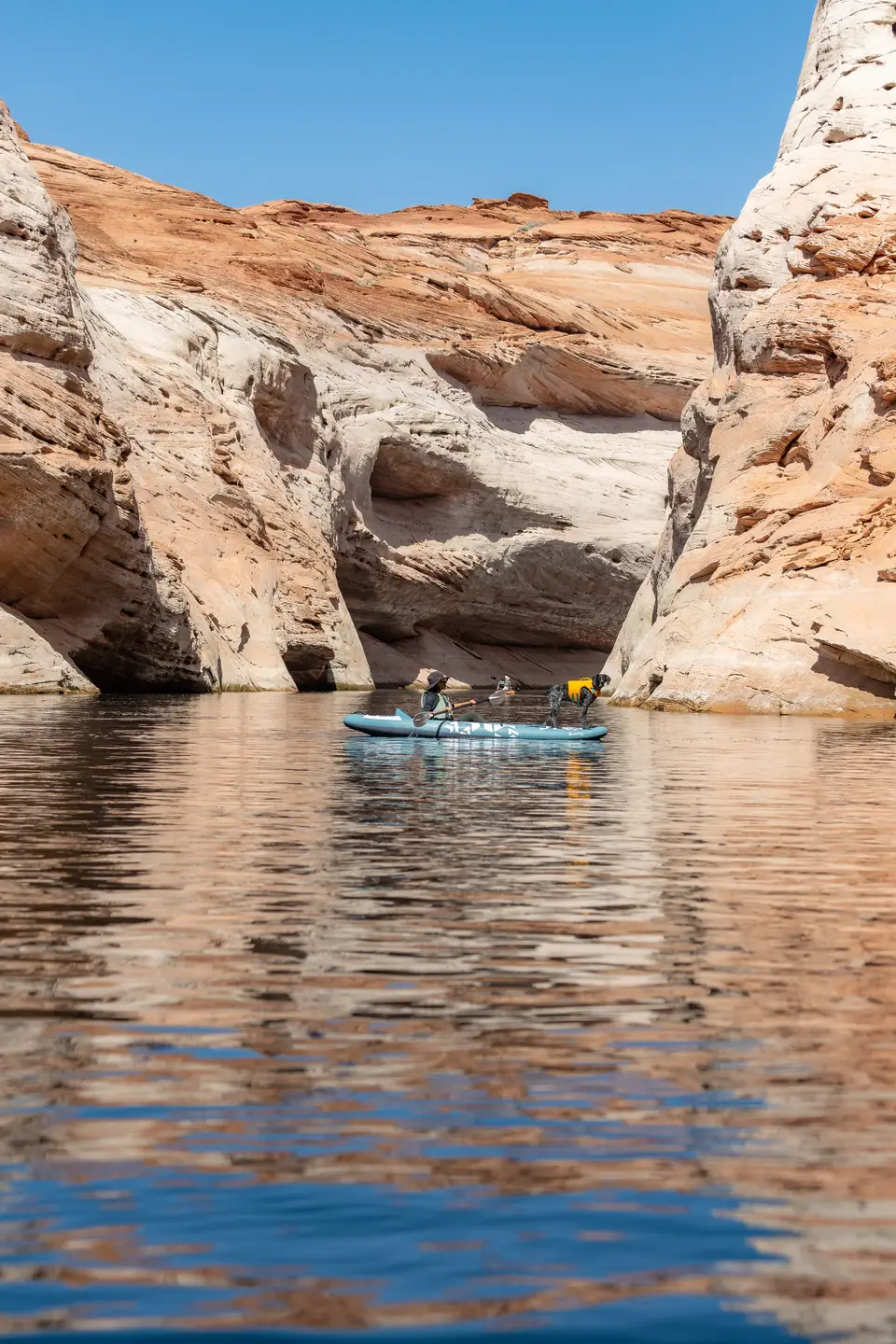 Kayaking a red rock canyon on Lake Powell, Penelope in a yellow life jacket at the bow