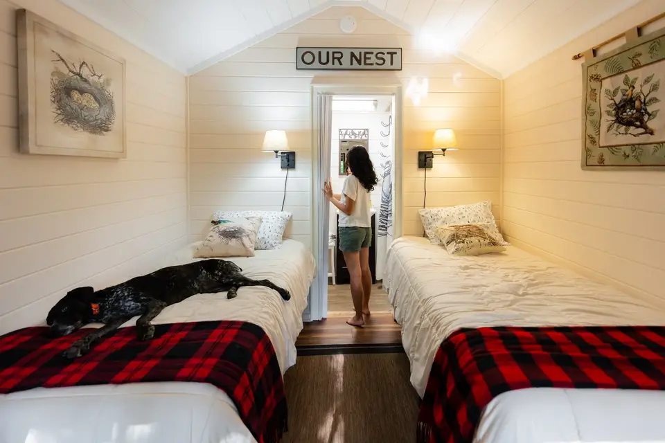 A woman standing between two beds in a cozy bedroom with wood-paneled walls, holding a door open to a bathroom, with a large dog lying on the left bed and decorative pillows and artwork on the walls.