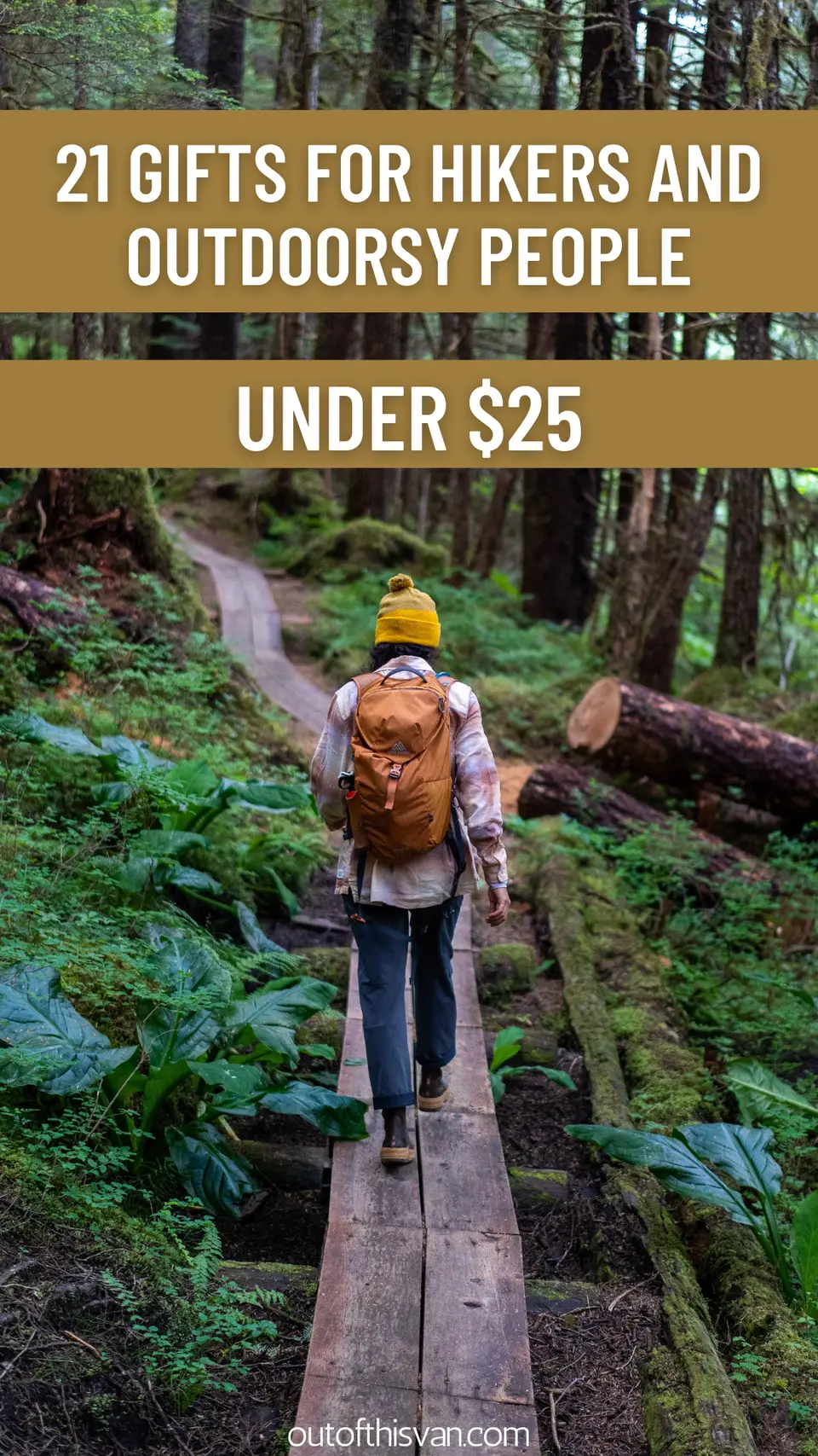 Hiker on a forest boardwalk. Graphic for gifts under $25
