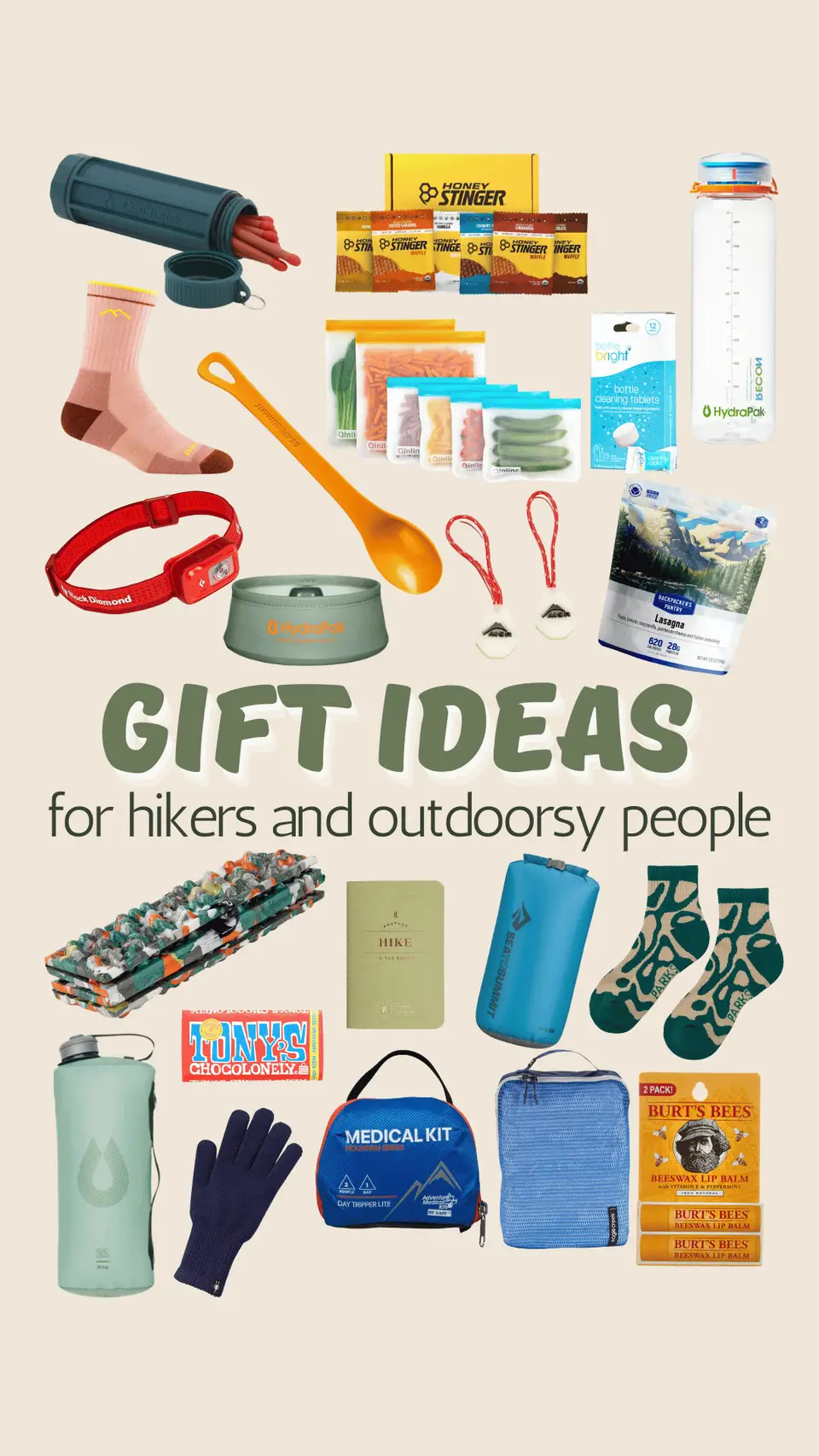 Flat-lay graphic of hiking gifts under $25