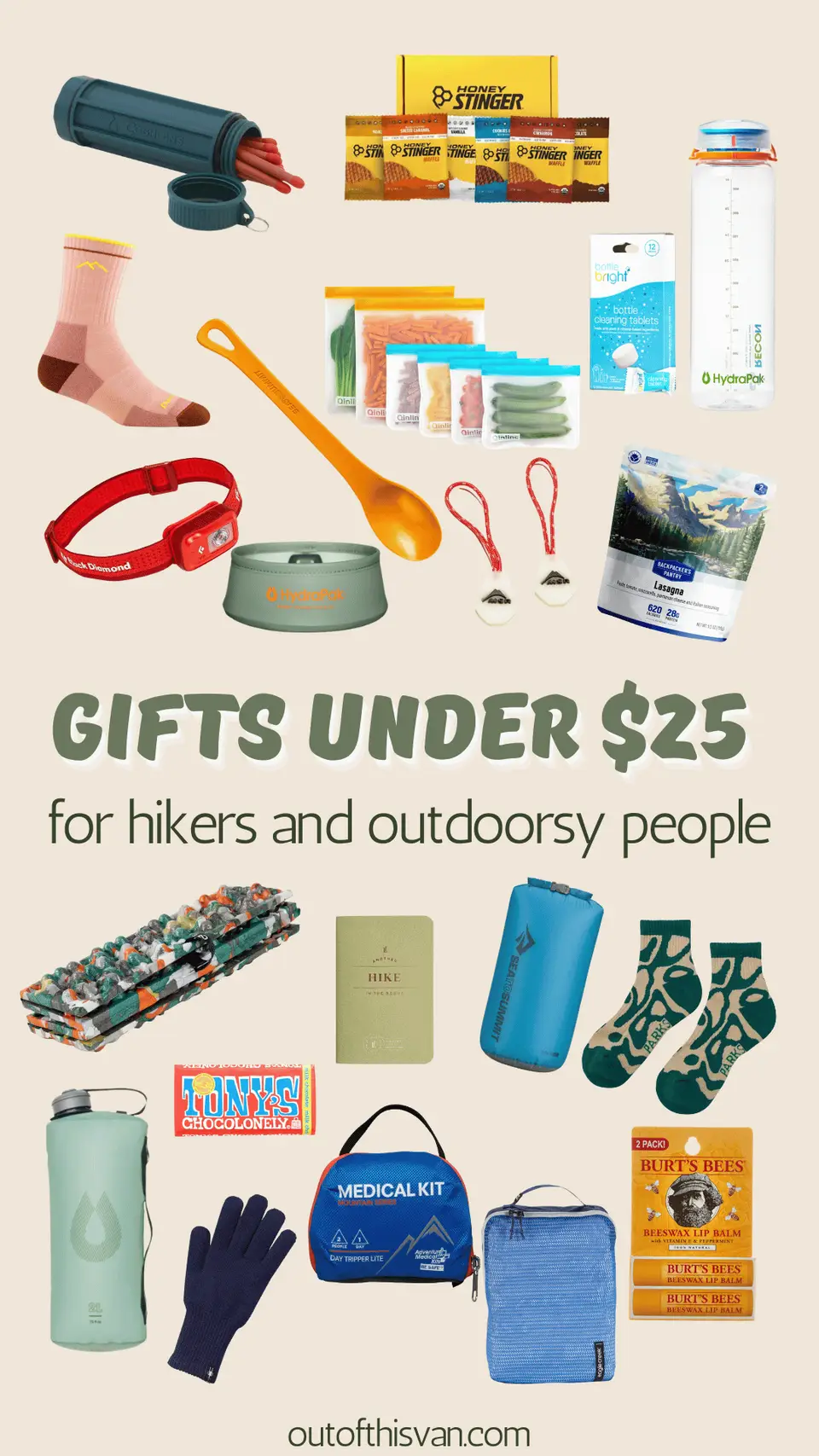 Flat-lay graphic of hiking gifts under $25
