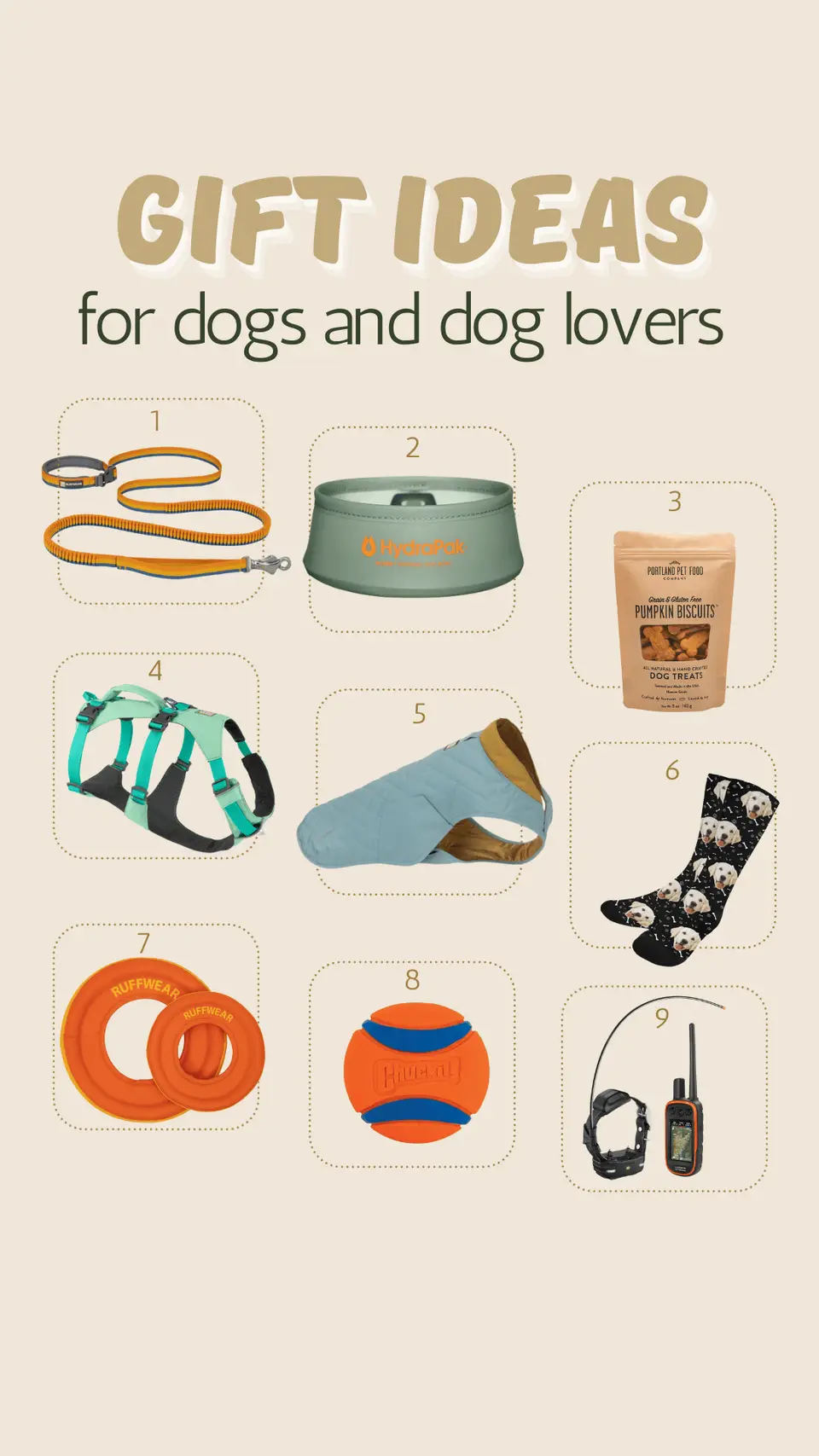Nine numbered gift ideas for dogs and dog lovers