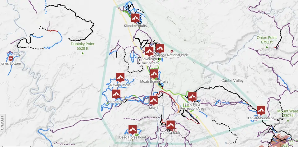 Trailforks map of Moab, Utah mountain biking trails