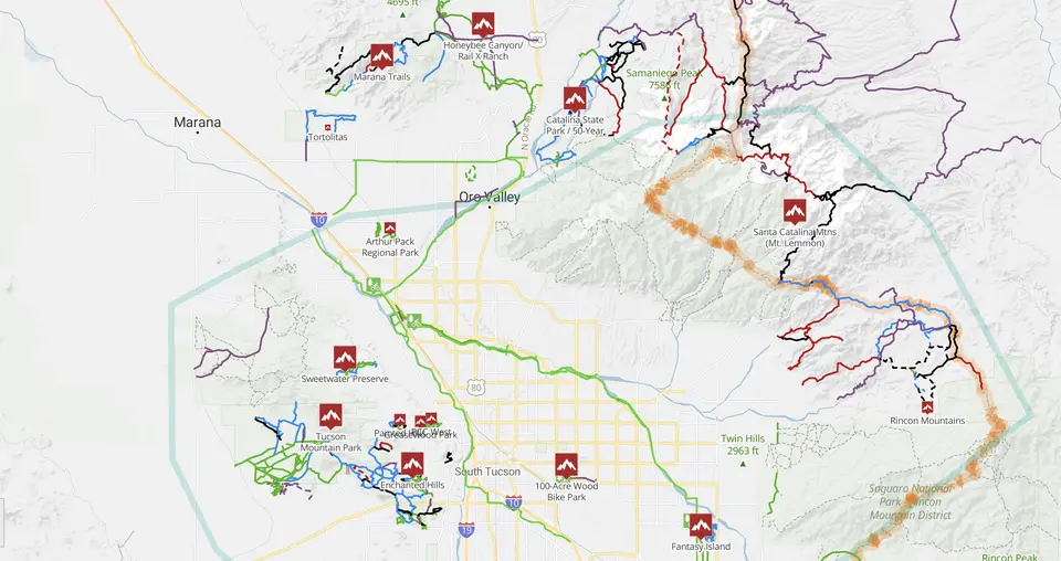 Trailforks map of mountain biking trails in Tucson Arizona